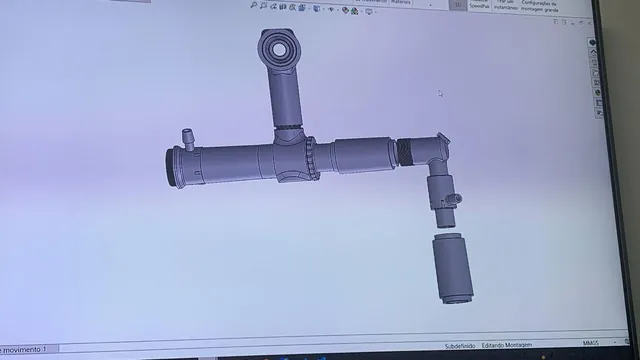 Modelo 3D do dispositivo, em vista explodida, exibido na tela de um software de modelagem