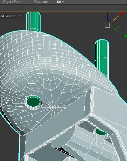 Modelagem 3D de uma peça em um software, com a malha e cilindros de fixação